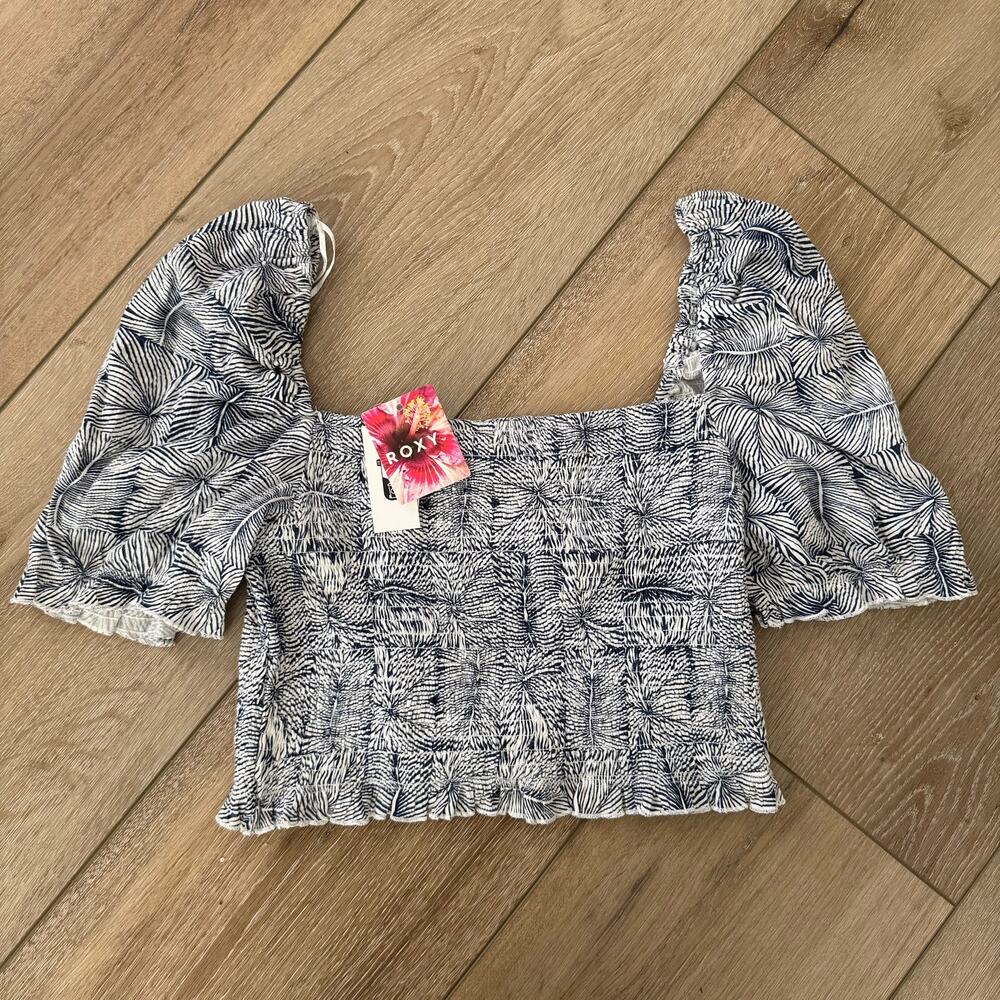 Roxy NWT Sunset Walks Puff Sleeve Crop Top in Navy Blue & White Size XL
